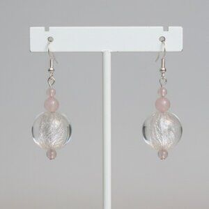 Murano Style Foil Glass and Rose Quartz Pierced Earrings